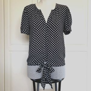 INC Womens Tie Front Short Sleeve Button Blouse Top Black White Polka Dots Sz 2